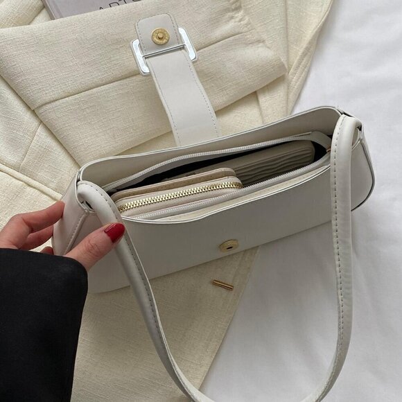 White Casual Women's Belt Buckle Handbag Summer Shoulder Bag - Picture 4 of 5